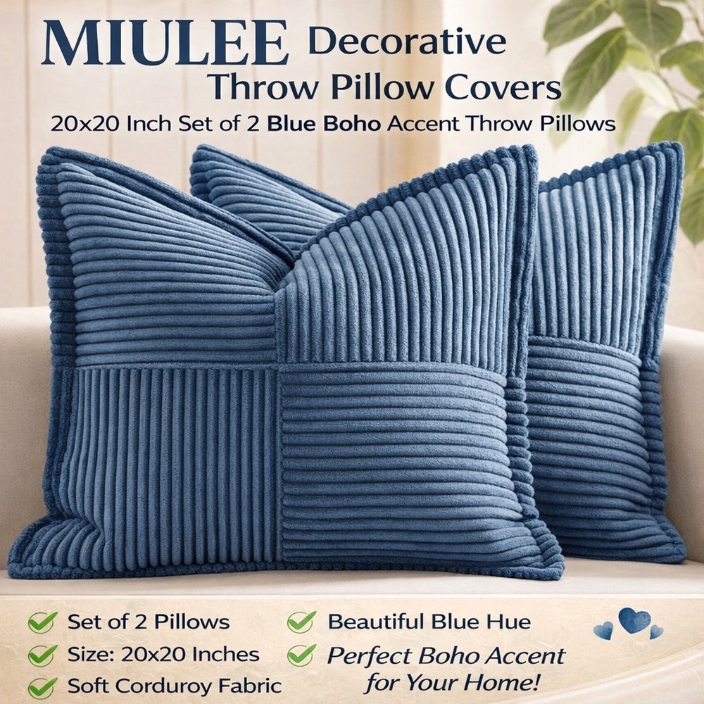 Miulee 2 Blue Decorative Throw Pillow Covers (20X20) 💙💙